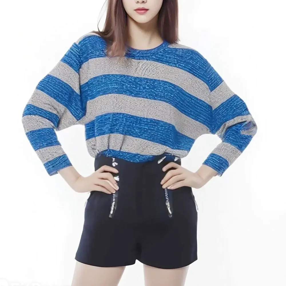 Derek Lam long sleeves sweater blue gold stripes knit pullover size Medium